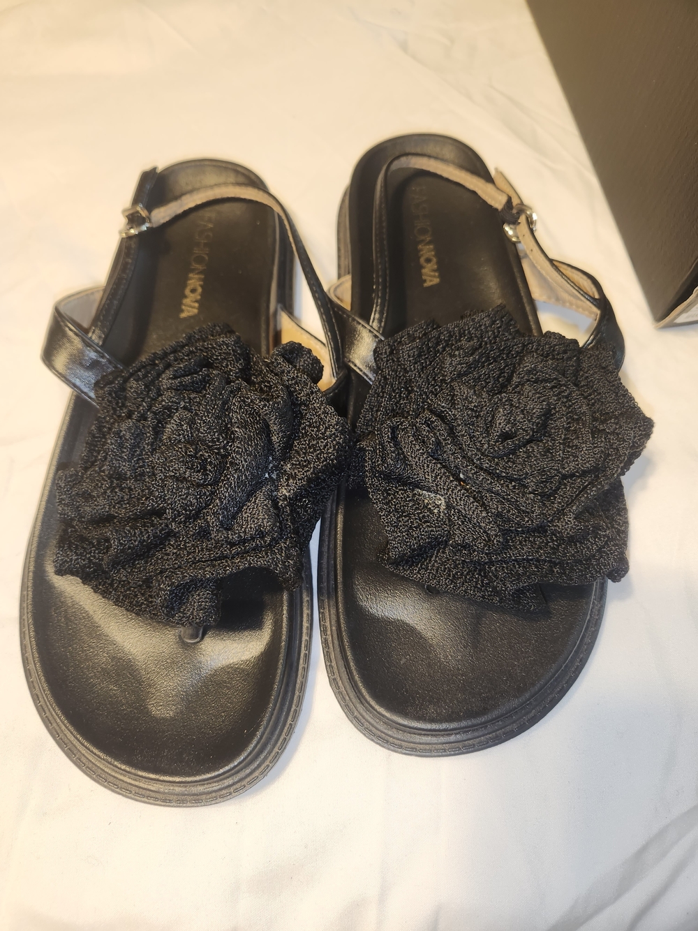 Fashion Nova Black Floral Rosette Sandals